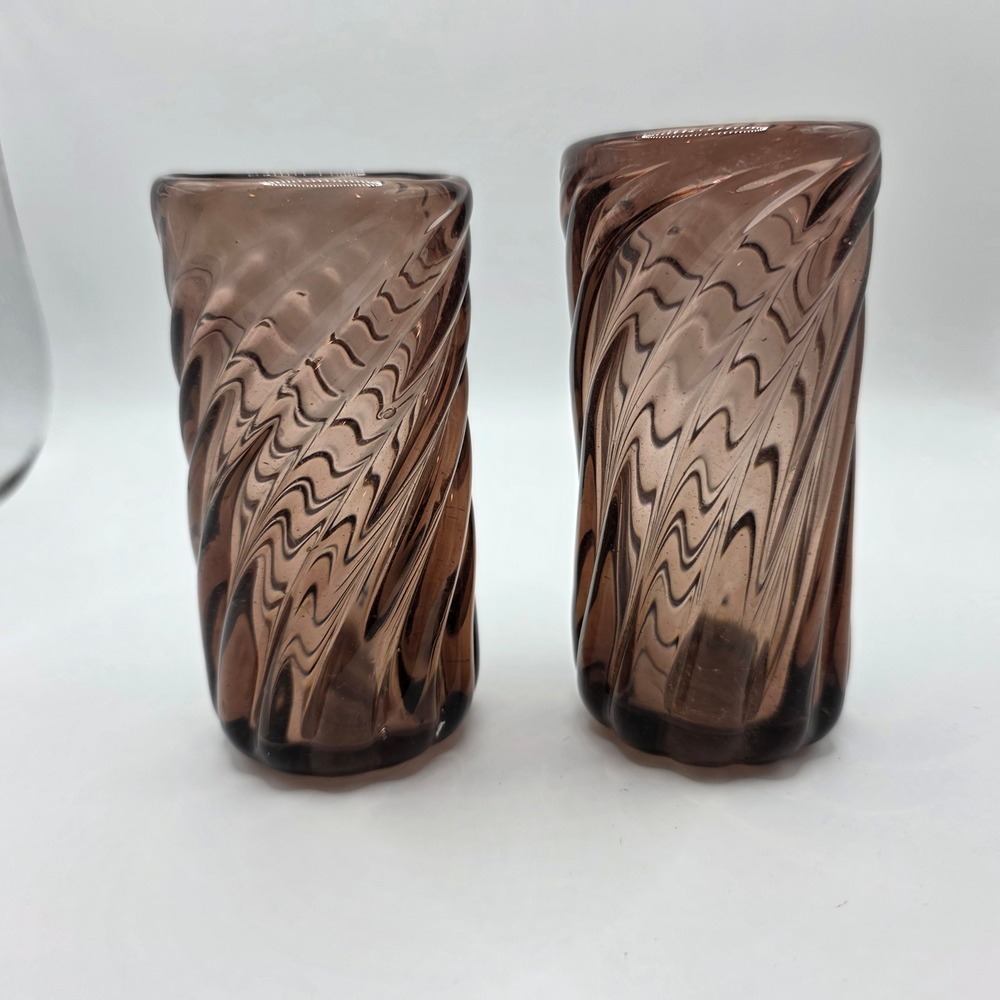 Vintage‎ Hand Blown Glass Vases Set of 2 Brown Amethyst Spiral Swirl Optic